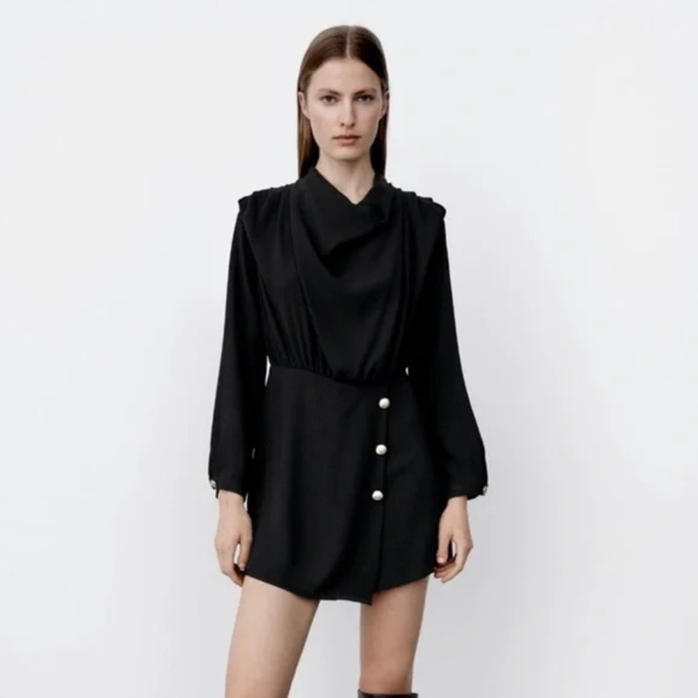 Zara Black Long-Sleeve Draped Neck Romper Dress with Gold Buttons